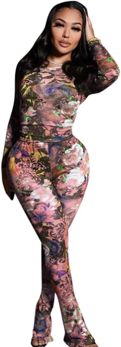 SHESEEWORLD Women's Sexy 2 Piece Outfits Mesh Printed Long Sleeve Round Neck Tops and Bodycon Long Pants Sets
