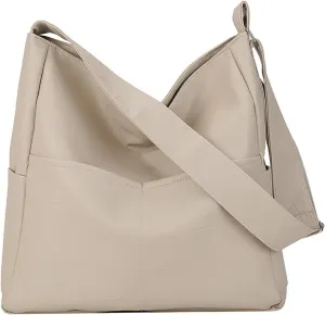 Shoulder Bag Large PU Leather Women Casual Hobo Shoulder Bag Stylish Vegan Leather Crossbody Handbag for Daily Use(Beige)