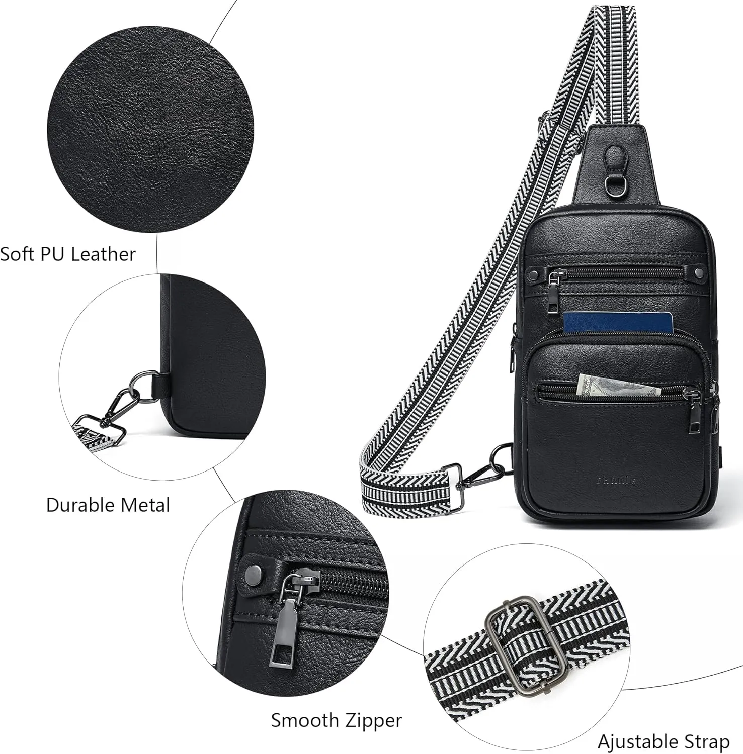 Shrrie Sling Bag For Women Men 5 Pockets Crossbody Bags Faux Leather Cross body Fanny Pack Sling Backpack Daypack for Daily Use Travel