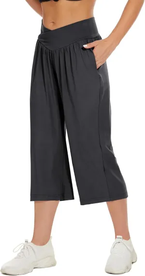 SICVEK Womens Capri Pants Yoga Lounge Wide Leg Loose Crossover High Waist Summer Capris