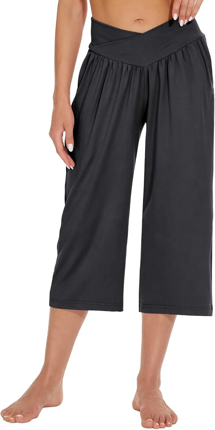 SICVEK Womens Capri Pants Yoga Lounge Wide Leg Loose Crossover High Waist Summer Capris
