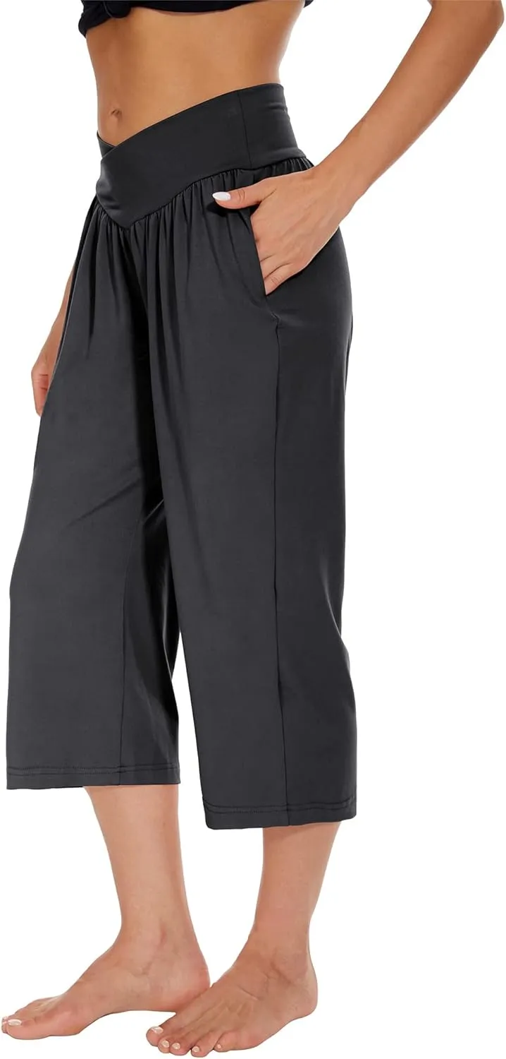 SICVEK Womens Capri Pants Yoga Lounge Wide Leg Loose Crossover High Waist Summer Capris