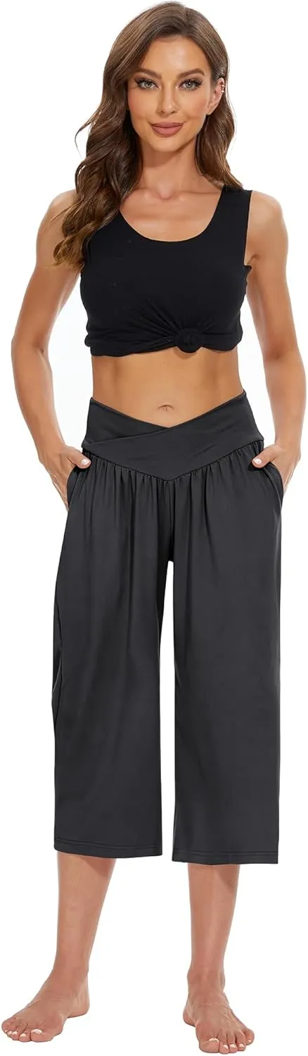 SICVEK Womens Capri Pants Yoga Lounge Wide Leg Loose Crossover High Waist Summer Capris