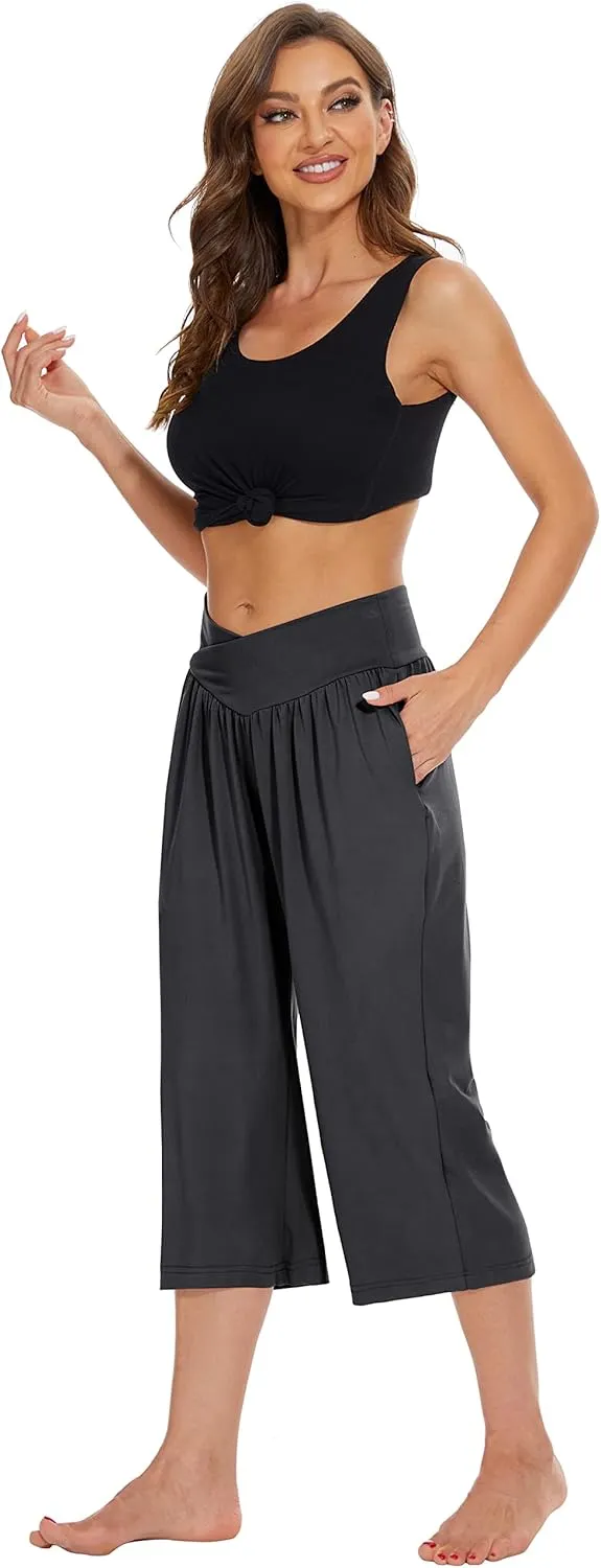 SICVEK Womens Capri Pants Yoga Lounge Wide Leg Loose Crossover High Waist Summer Capris