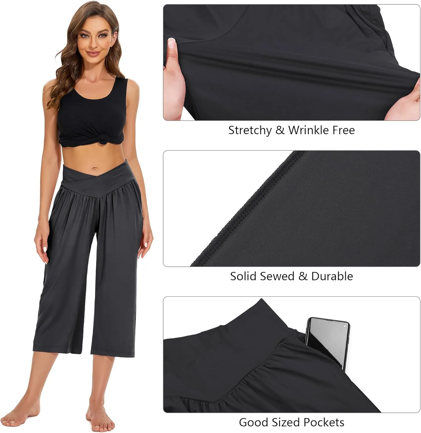 SICVEK Womens Capri Pants Yoga Lounge Wide Leg Loose Crossover High Waist Summer Capris
