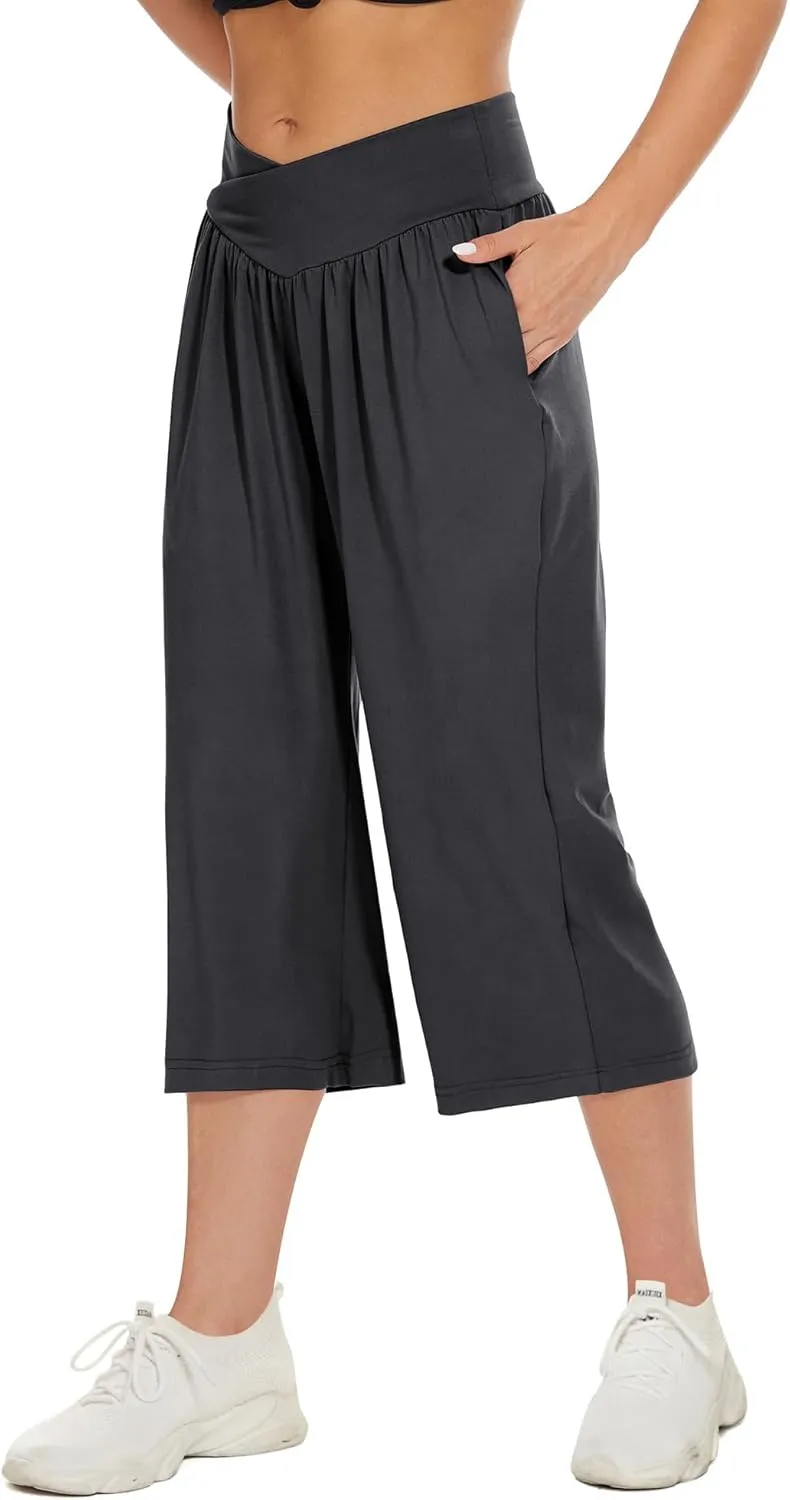 SICVEK Womens Capri Pants Yoga Lounge Wide Leg Loose Crossover High Waist Summer Capris