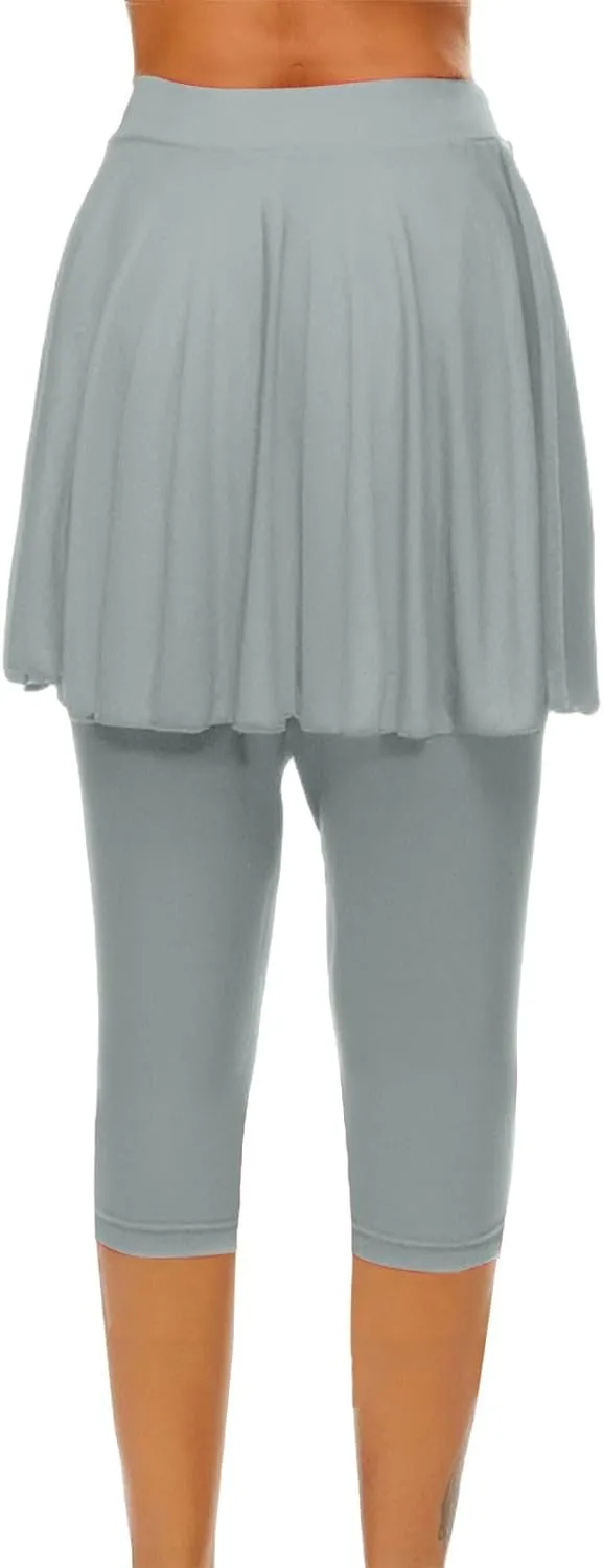 Skirted Leggings for Women High Waist Knee Length Golf Tennis Capri Yoga Pants Pleated Skirt Athletic Running Skorts