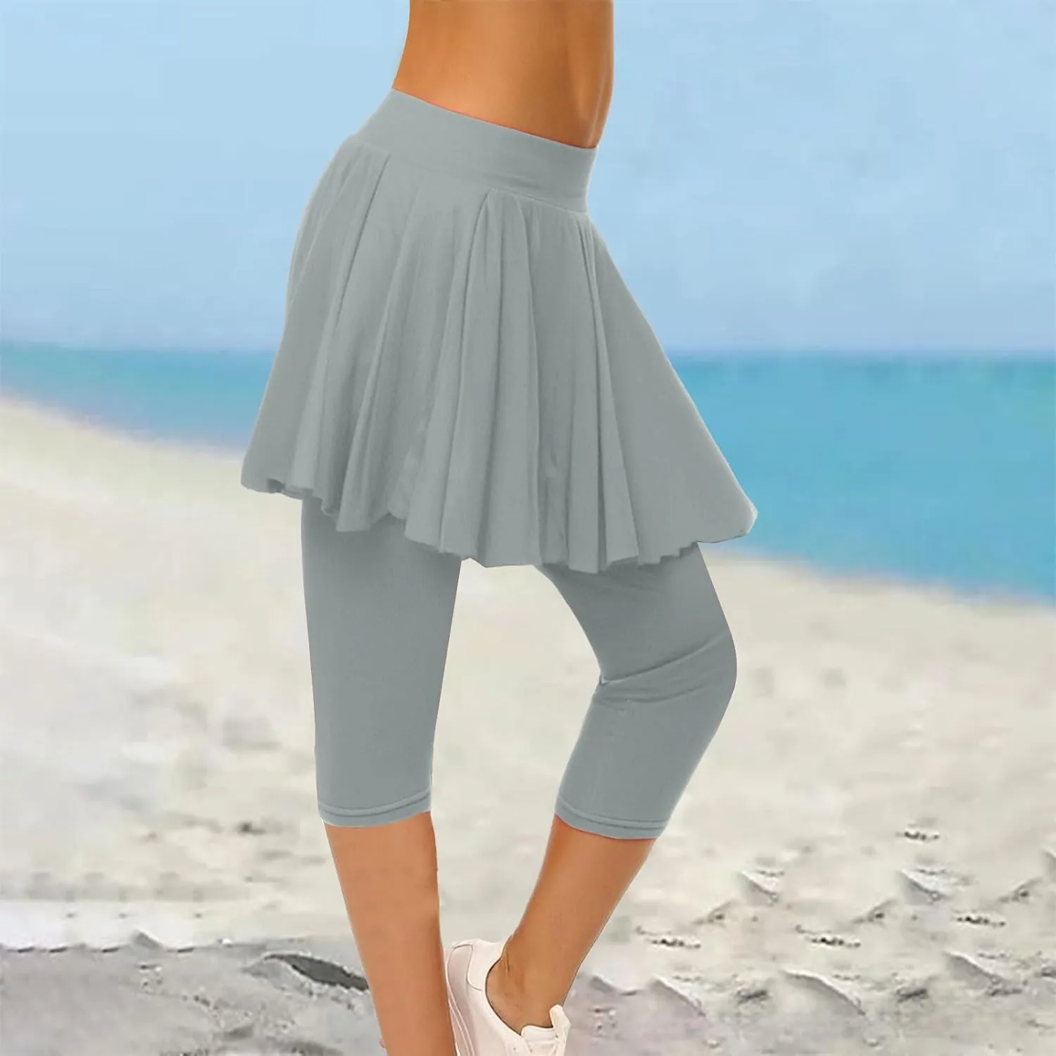 Skirted Leggings for Women High Waist Knee Length Golf Tennis Capri Yoga Pants Pleated Skirt Athletic Running Skorts