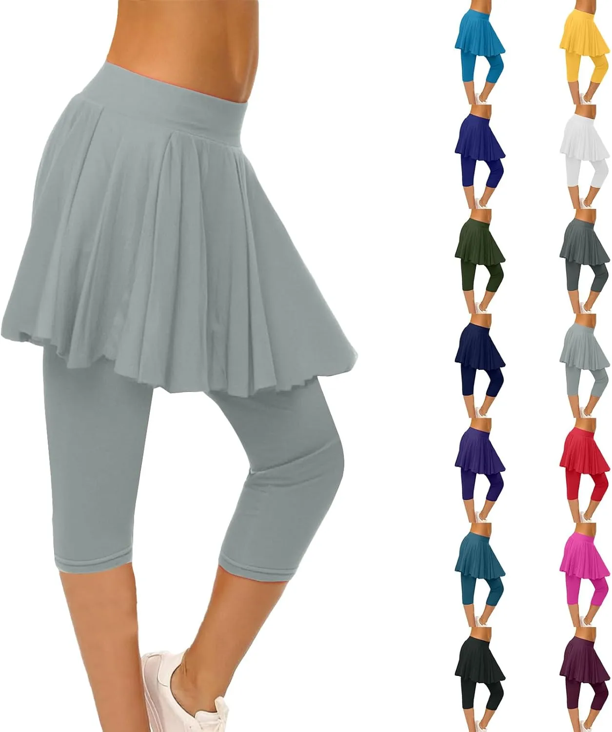 Skirted Leggings for Women High Waist Knee Length Golf Tennis Capri Yoga Pants Pleated Skirt Athletic Running Skorts