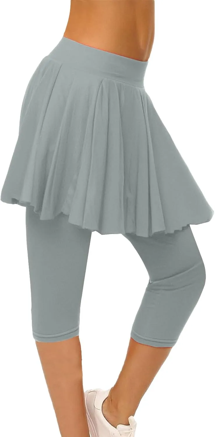 Skirted Leggings for Women High Waist Knee Length Golf Tennis Capri Yoga Pants Pleated Skirt Athletic Running Skorts