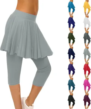 Skirted Leggings for Women High Waist Knee Length Golf Tennis Capri Yoga Pants Pleated Skirt Athletic Running Skorts