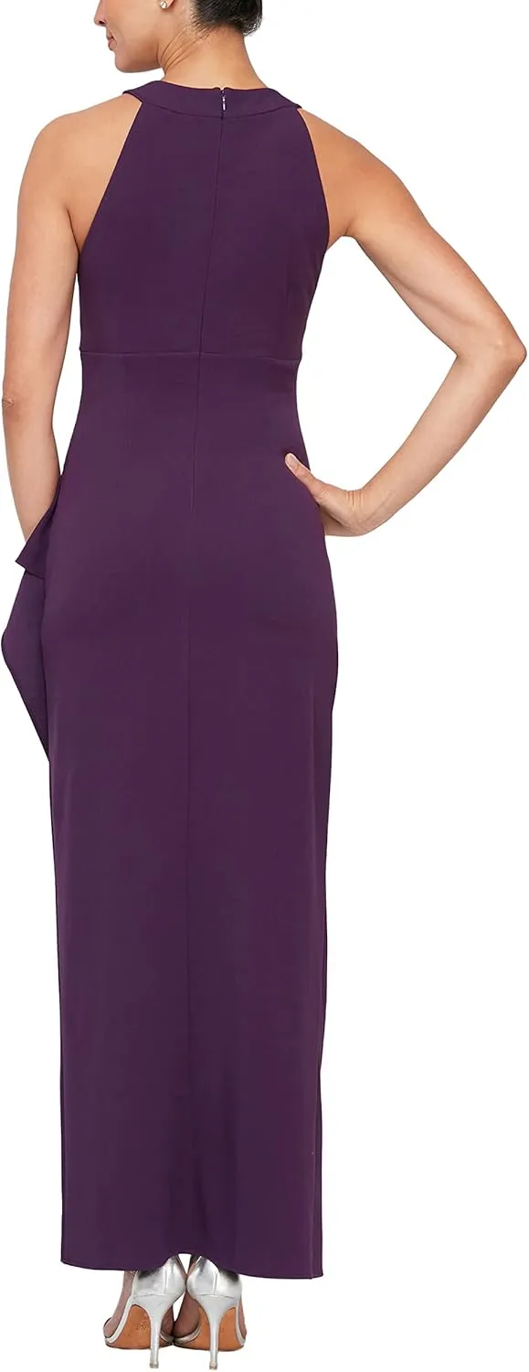 S.L. Fashions Women's Long Cocktail Dress with Embellished Halter Neckline, Wedding Guest, Party (Petite and Regular Sizes)