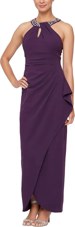 S.L. Fashions Women's Long Cocktail Dress with Embellished Halter Neckline, Wedding Guest, Party (Petite and Regular Sizes)