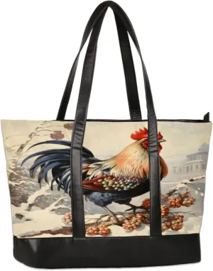 Snowy Berry Vintage Rooster Laptop Tote Bag for Women Lightweight Work Purse with Multiple Compartments Fits 13-15.6 Inch Laptop Tablet Shoulder Bag for Office Travel Daily Use