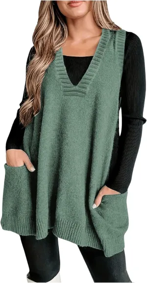 SOLY HUX Women's Plus Size Sweater Vest V Neck Sleeveless Loose Fit Knit Pullover Tank Tops with Pockets