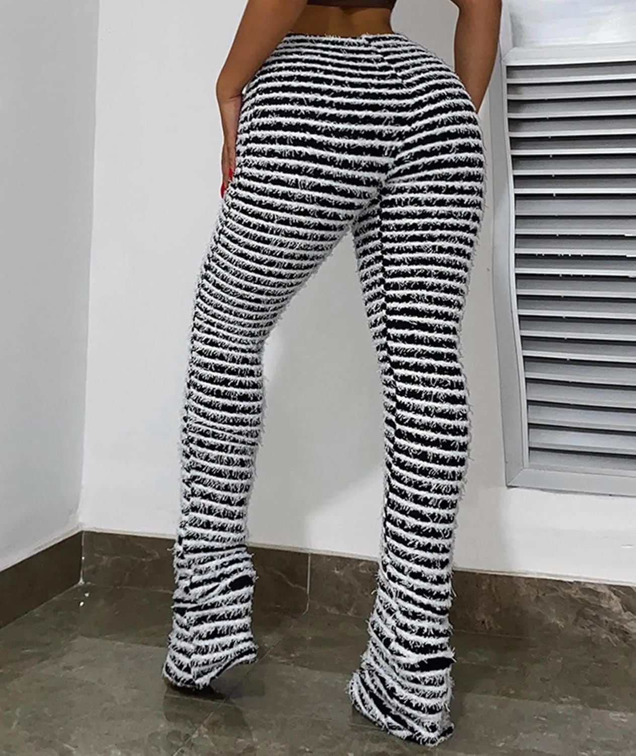 SOMTHRON Women's Stacked Fuzzy Pants High Waist Striped Leggings Knitted Bell Bottom Bodycon Trousers Streetwear