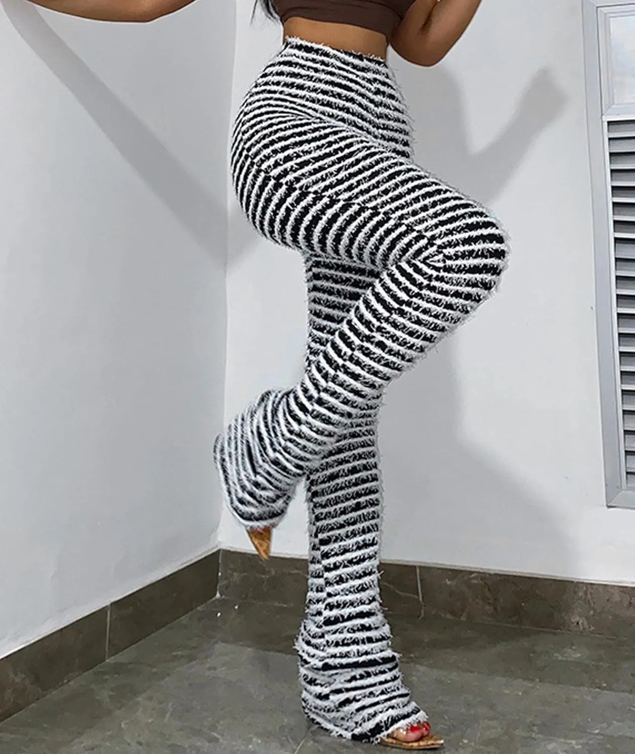 SOMTHRON Women's Stacked Fuzzy Pants High Waist Striped Leggings Knitted Bell Bottom Bodycon Trousers Streetwear