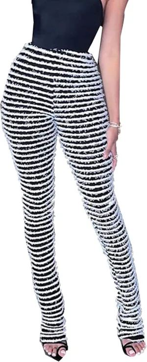 SOMTHRON Women's Stacked Fuzzy Pants High Waist Striped Leggings Knitted Bell Bottom Bodycon Trousers Streetwear