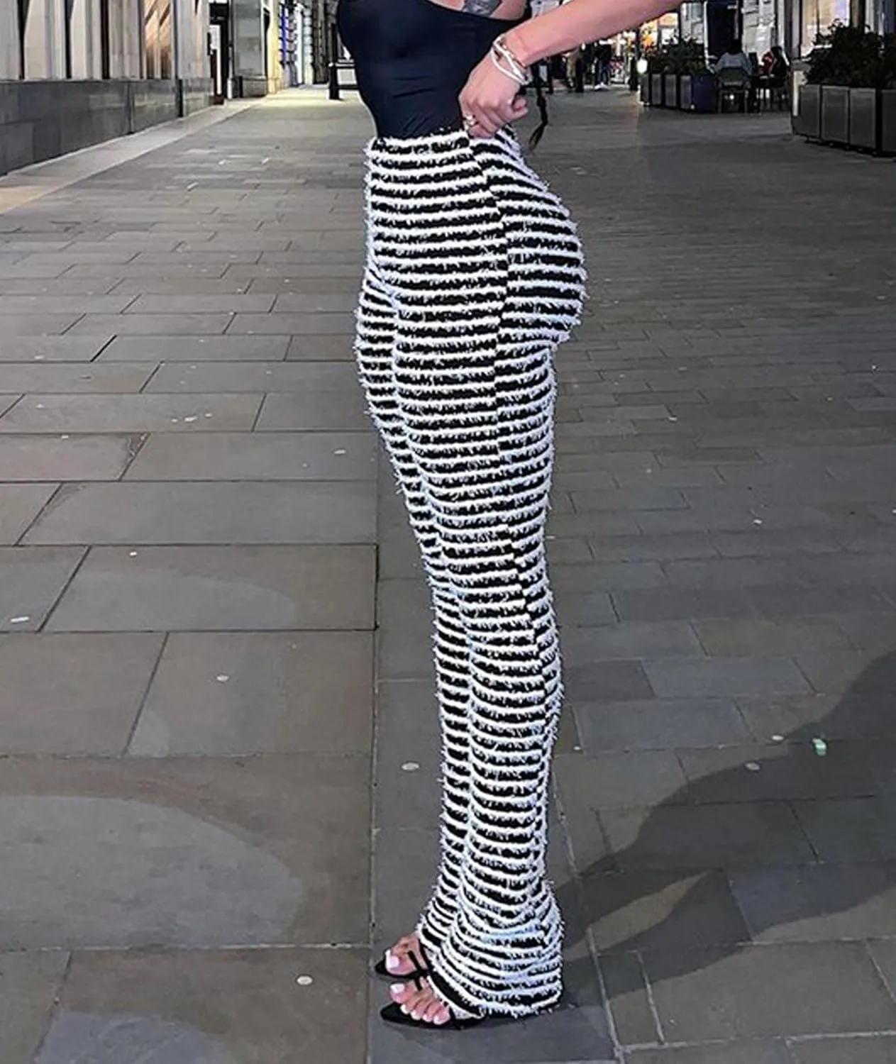 SOMTHRON Women's Stacked Fuzzy Pants High Waist Striped Leggings Knitted Bell Bottom Bodycon Trousers Streetwear