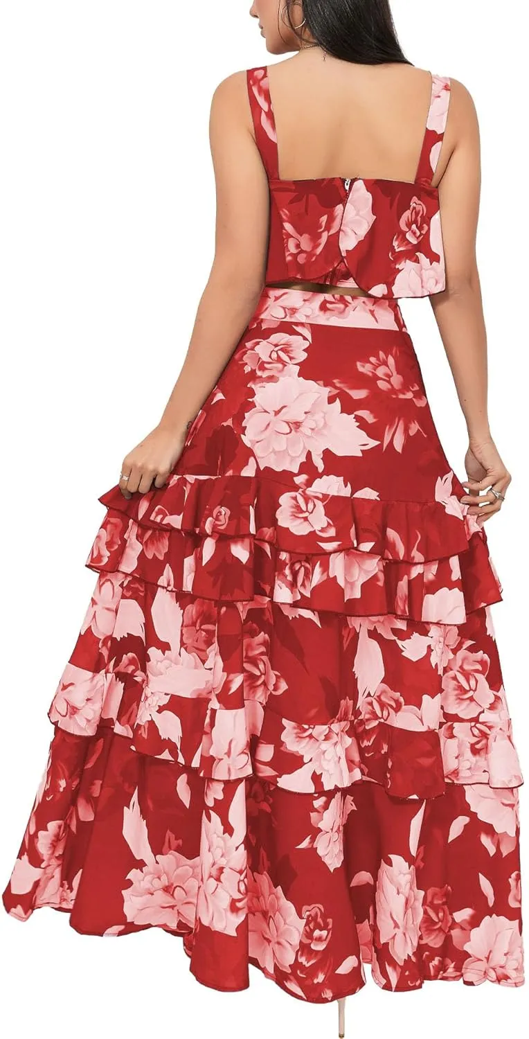 SOMTHRON Women's Summer 2 Piece Outfits Floral Print Strap Crop Tops Tiered Ruffle Skirt Sets Maxi Long Dress