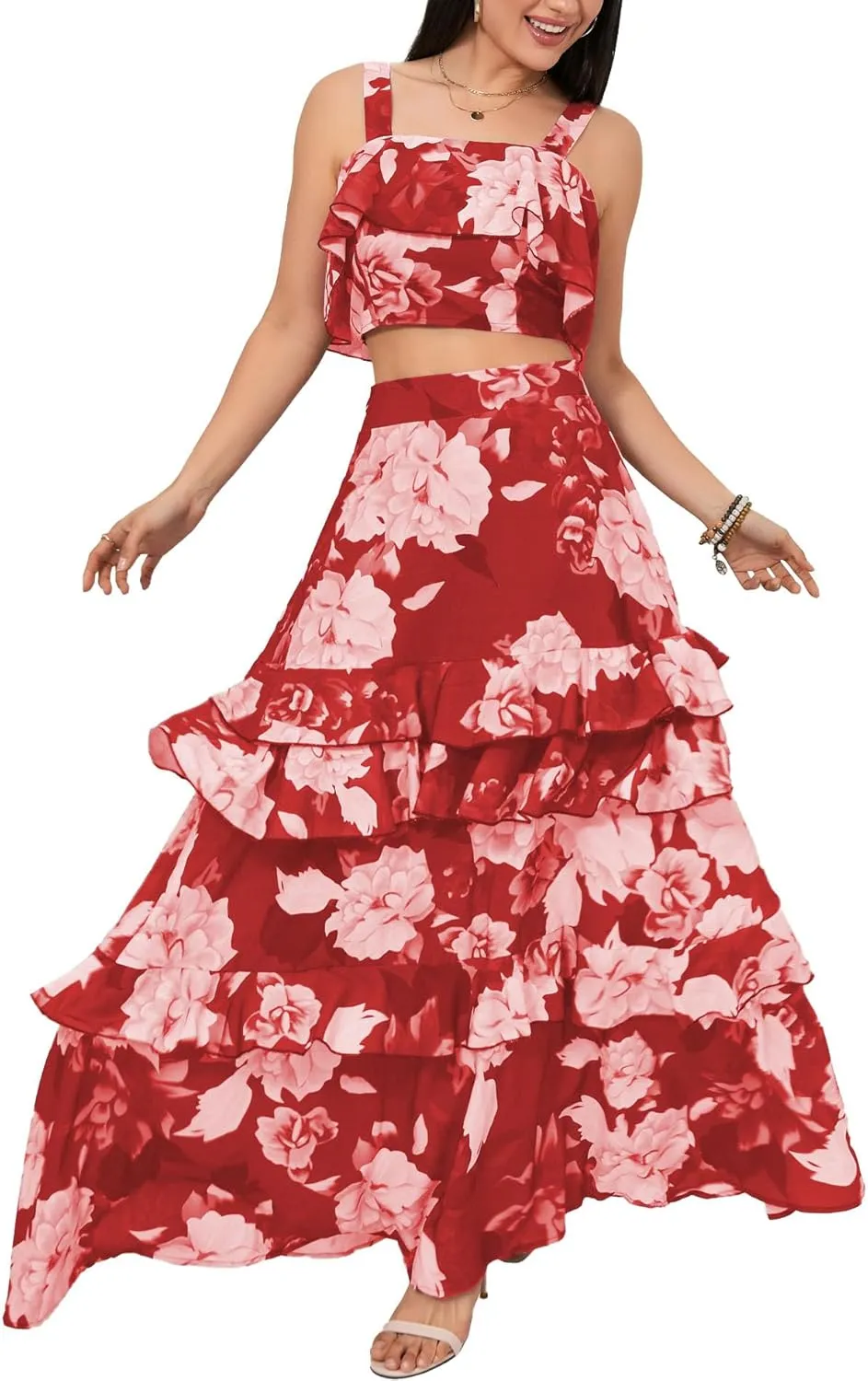 SOMTHRON Women's Summer 2 Piece Outfits Floral Print Strap Crop Tops Tiered Ruffle Skirt Sets Maxi Long Dress