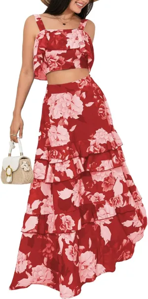 SOMTHRON Women's Summer 2 Piece Outfits Floral Print Strap Crop Tops Tiered Ruffle Skirt Sets Maxi Long Dress
