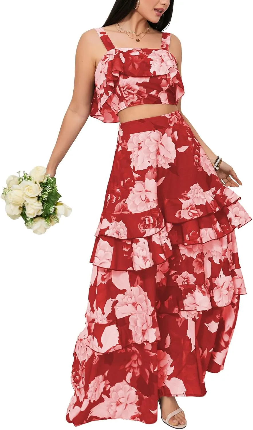 SOMTHRON Women's Summer 2 Piece Outfits Floral Print Strap Crop Tops Tiered Ruffle Skirt Sets Maxi Long Dress