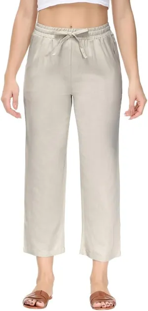 Soojun Women's Linen Blend Drawstring Wide Leg Cropped Pant