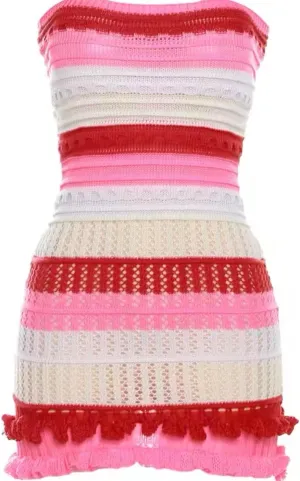 Strapless Knit Bandage Dress, Pink and Red Striped, Ruffle Hem Mini Dress