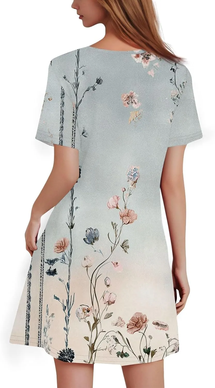 Summer Dresses for Women 2025 Flowy Beach Mini Dress Casual Short Sleeve T Shirt Dress Floral Loose A-Line Dresses Plus Size