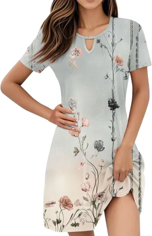 Summer Dresses for Women 2025 Flowy Beach Mini Dress Casual Short Sleeve T Shirt Dress Floral Loose A-Line Dresses Plus Size