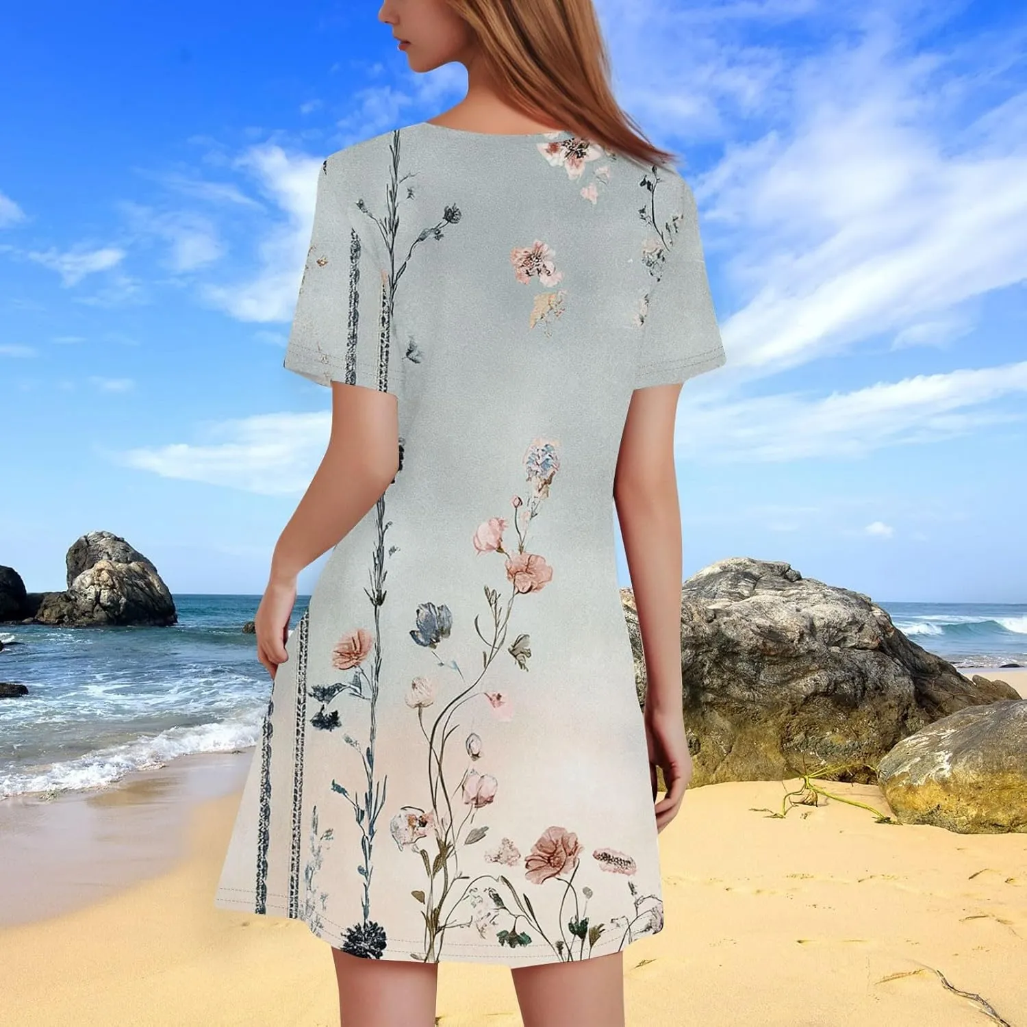 Summer Dresses for Women 2025 Flowy Beach Mini Dress Casual Short Sleeve T Shirt Dress Floral Loose A-Line Dresses Plus Size