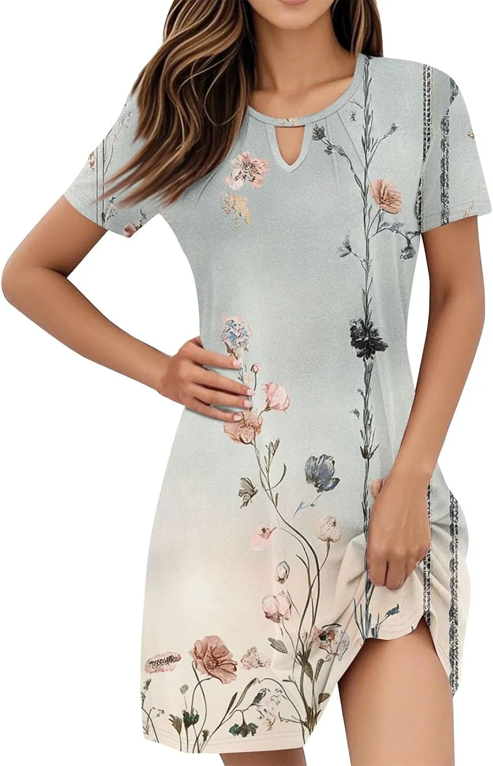 Summer Dresses for Women 2025 Flowy Beach Mini Dress Casual Short Sleeve T Shirt Dress Floral Loose A-Line Dresses Plus Size