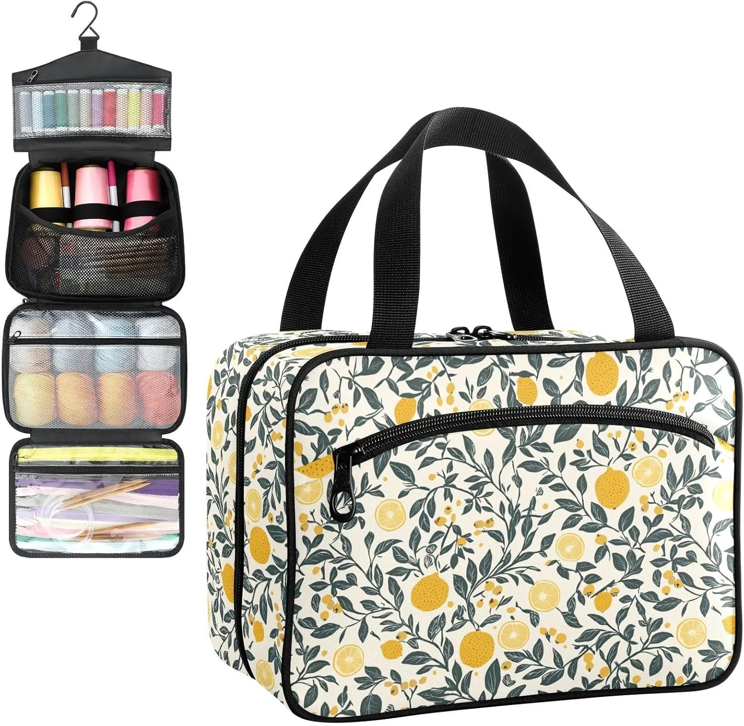 Summer Lemon Farmhouse Travel Toiletry Bag, Hanging Toiletry Bag Portable with Zipper, Sewing Storage with 4 Compartment and Hook for women/men Travel/Daily Use