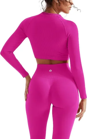 SUUKSESS Women 2 Piece Workout Sets Hidden Scrunch Butt Lifting Seamless Leggings Long Sleeve Yoga Crop Tops