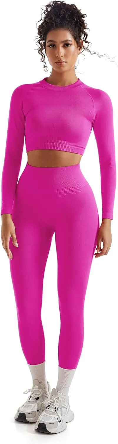 SUUKSESS Women 2 Piece Workout Sets Hidden Scrunch Butt Lifting Seamless Leggings Long Sleeve Yoga Crop Tops