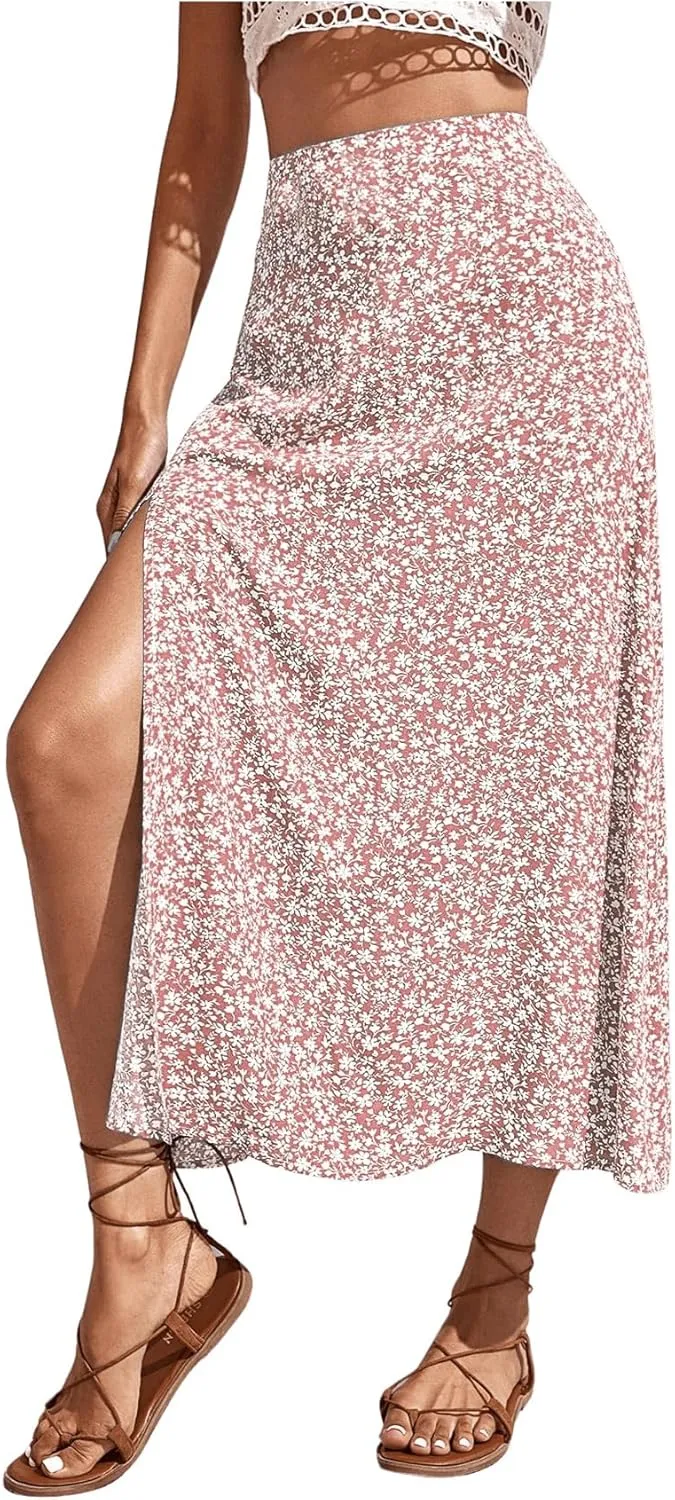 SweatyRocks Women's Ditsy Floral Print High Waist A Line Midi Skirts