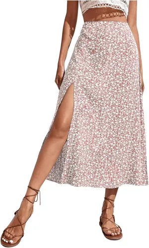 SweatyRocks Women's Ditsy Floral Print High Waist A Line Midi Skirts