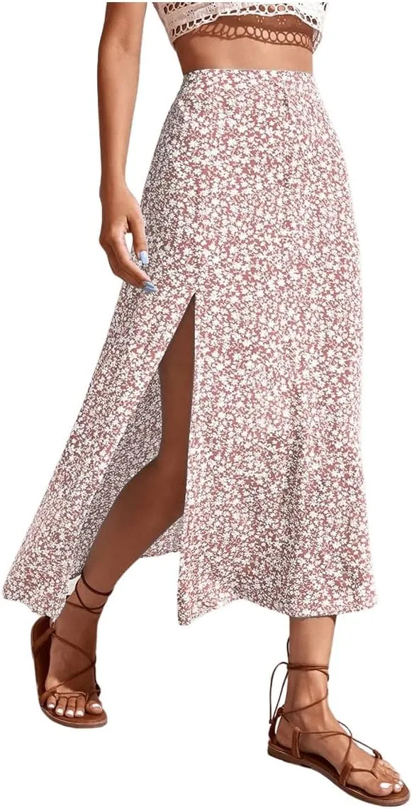 SweatyRocks Women's Ditsy Floral Print High Waist A Line Midi Skirts