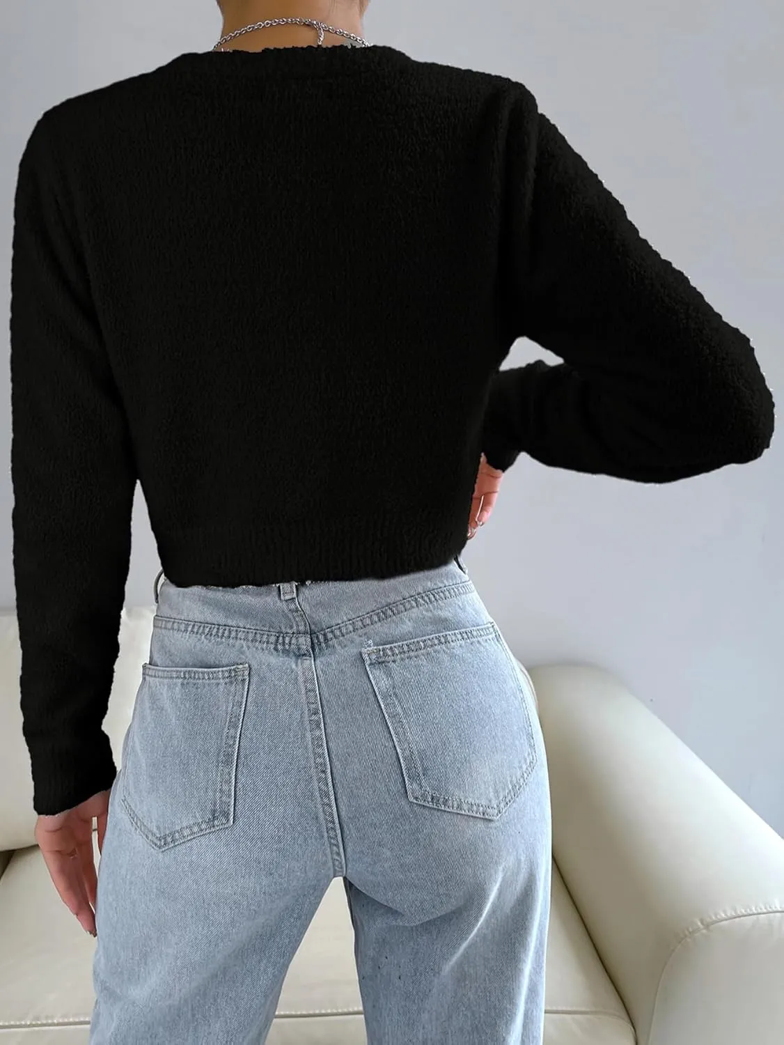 SweatyRocks Women's Long Sleeve V Neck Sweater Crop Top Button Front Fuzzy Knit Cardigan