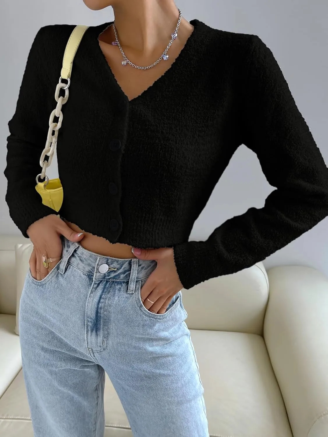 SweatyRocks Women's Long Sleeve V Neck Sweater Crop Top Button Front Fuzzy Knit Cardigan