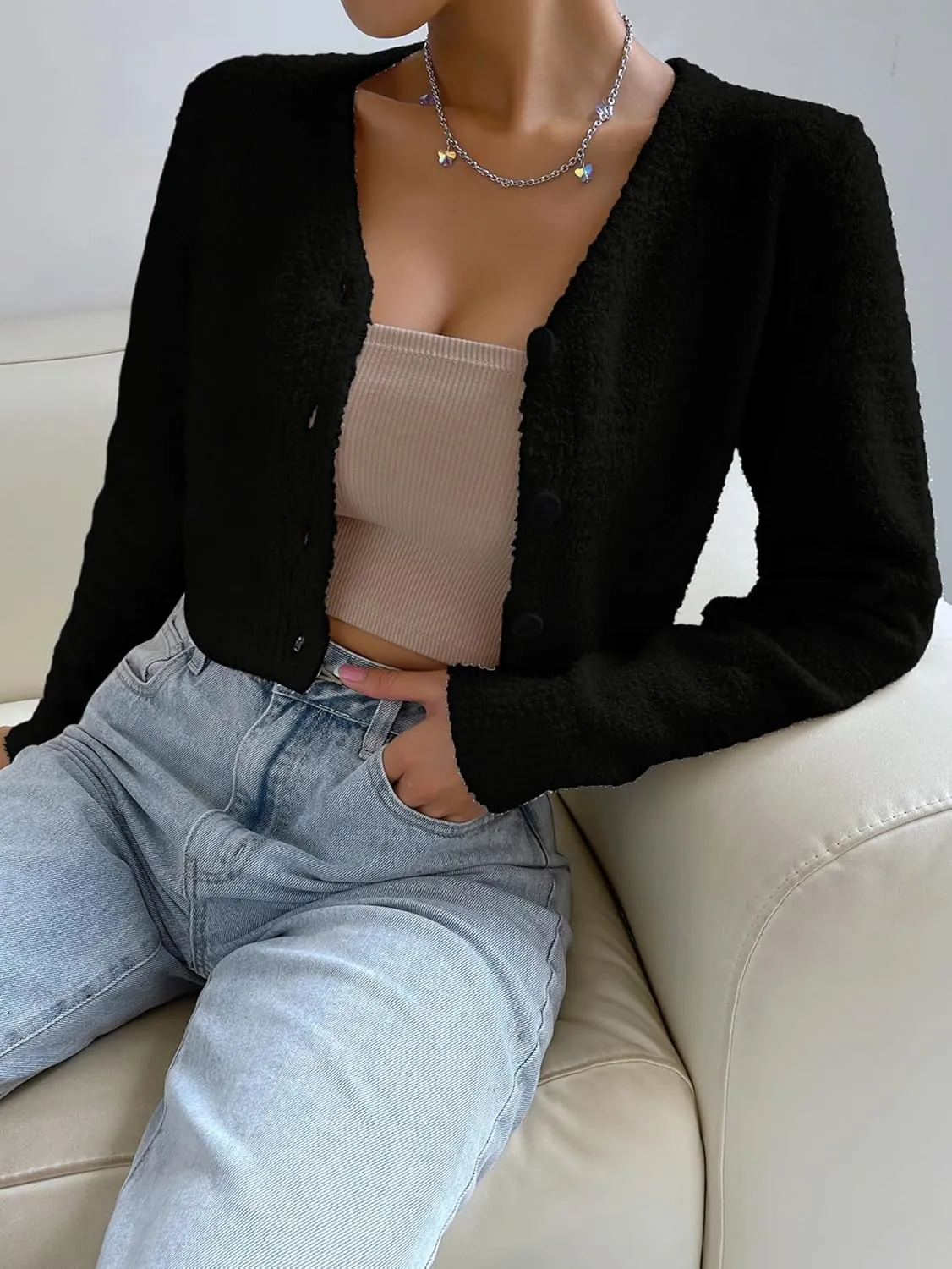 SweatyRocks Women's Long Sleeve V Neck Sweater Crop Top Button Front Fuzzy Knit Cardigan
