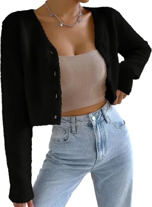 SweatyRocks Women's Long Sleeve V Neck Sweater Crop Top Button Front Fuzzy Knit Cardigan