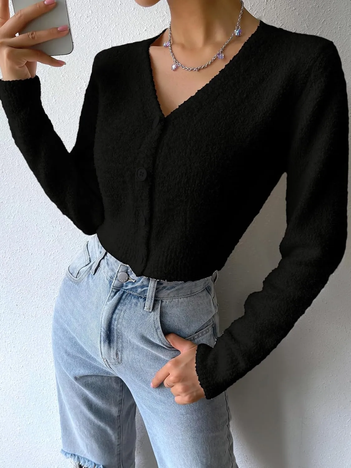 SweatyRocks Women's Long Sleeve V Neck Sweater Crop Top Button Front Fuzzy Knit Cardigan
