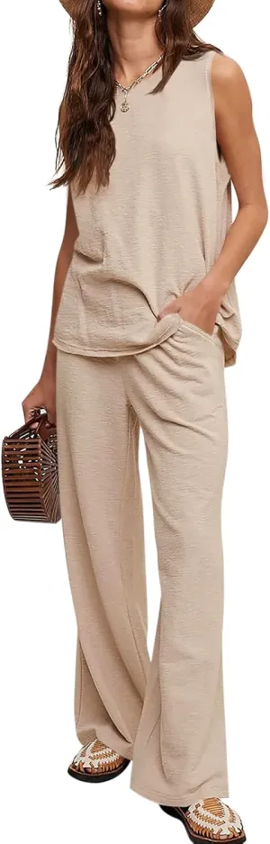 Tankaneo Womens 2 Piece Sets Summer Outfits Sleeveless Tank Tops and Wide Leg Pants Travel Vacation Lounge Set