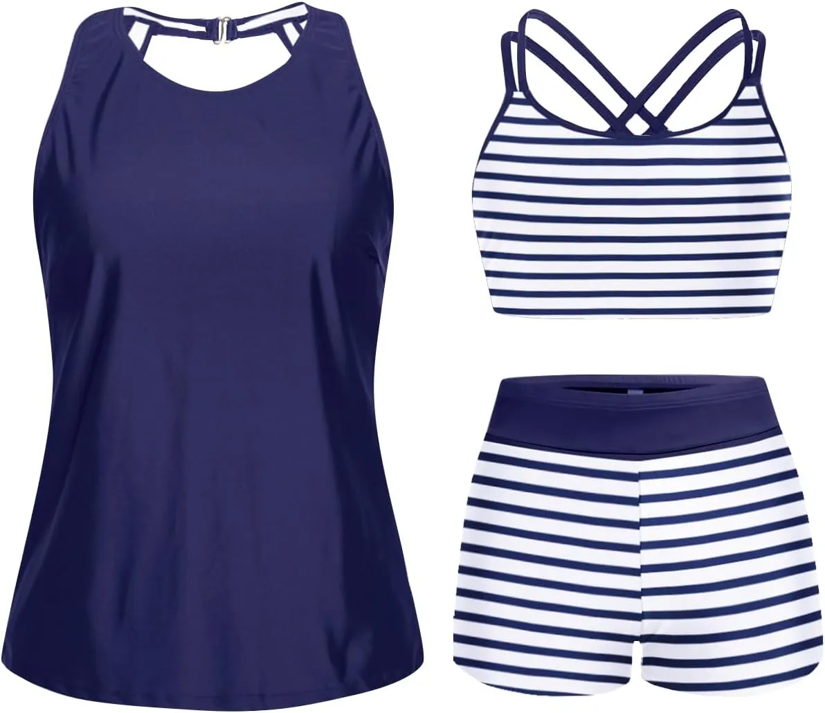 Tempt Me 3 Piece Swimsuit for Women Tankini Bathing Suit Modest High Neck Tank Tops Swimwear with Shorts