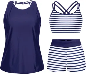 Tempt Me 3 Piece Swimsuit for Women Tankini Bathing Suit Modest High Neck Tank Tops Swimwear with Shorts