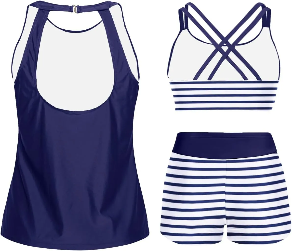 Tempt Me 3 Piece Swimsuit for Women Tankini Bathing Suit Modest High Neck Tank Tops Swimwear with Shorts
