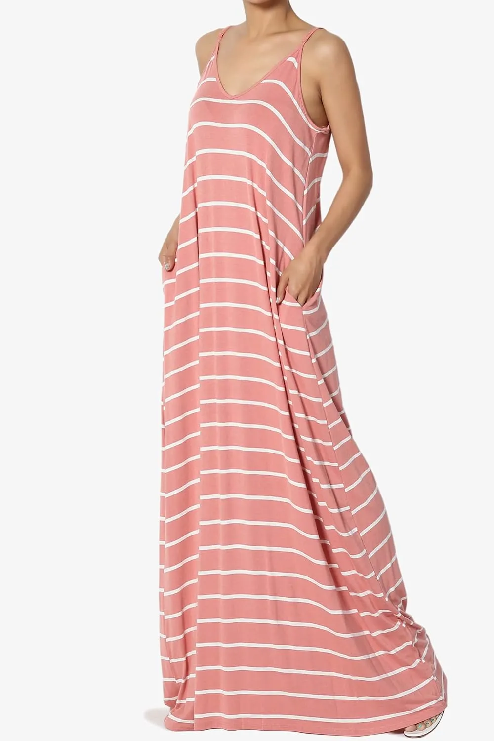 TheMogan Women's Casual V-Neck Draped Jersey Cami Long Maxi Dress W Pocket Summer Beach