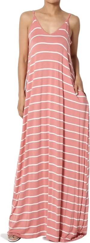 TheMogan Women's Casual V-Neck Draped Jersey Cami Long Maxi Dress W Pocket Summer Beach